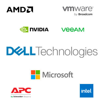 Logo des différents partenaires : AMD, VMware, NVIDIA, Veeam, Dell Technologies, Microsoft, APC Schneider, Intel